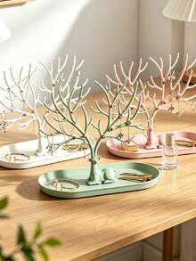 1pc Deer‑Antler Shaped Jewelry Stand, Branch‑Designed Hooks With Base Perfume Tray, Multi‑Purpose Holder For Earrings Necklaces Rings Keys, Jewelry Box Display Piece, Room Decor For Vanity Countertop, Bedroom And Holiday Gift Occasions - Multicolor - View 6