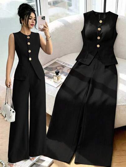 abyoxi Setelan 2 Potong Wanita Hitam & Emas Tanpa Lengan dengan Kancing Depan, Rompi Pas Badan, Celana Panjang Kaki Lebar Pinggang Tinggi, Elegan, Bisnis, Perjalanan Sehari-hari, Cocok untuk Kembali ke Sekolah, Kantor, Jalan-jalan, Pakaian Atasan dan Celana Musim Gugur