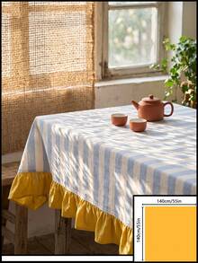 1pc Blue & White Large Plaid With Bright Yellow Ruffle Edge Tablecloth, Lively Pastoral Style Fabric Material, Rectangular Yellow Ruffle Edge Patchwork Detail Decoration, Functional Home Long Tablecloth Suitable For Family Gatherings And Vibrant Home Decor Scenes - Blue - View 21