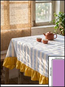 1pc Blue & White Large Plaid With Bright Yellow Ruffle Edge Tablecloth, Lively Pastoral Style Fabric Material, Rectangular Yellow Ruffle Edge Patchwork Detail Decoration, Functional Home Long Tablecloth Suitable For Family Gatherings And Vibrant Home Decor Scenes - Blue - View 18