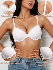 1pc Women's Deep V Push-Up Bra - Padded Seamless Underwire Bra, Smooth Solid Color T-Shirt Bra, Comfortable Lift, Invisible Fit - White - View 4