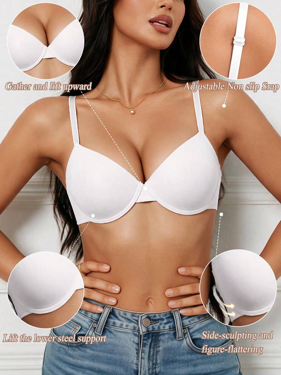 1pc Women's Deep V Push-Up Bra - Padded Seamless Underwire Bra, Smooth Solid Color T-Shirt Bra, Comfortable Lift, Invisible Fit