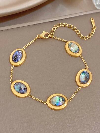 1Pc Luxury Oval Shaped Abalone Shell Link Chain Bracelet Stainless Steel Gold Jewelry,For Women,Daily,Party,Birthday Gifts,Christmas/Halloween/Fall