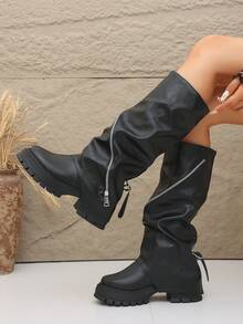 Women's Loose Fit Knee-High Thick Sole Boots With Zipper Detail - Black - View 3
