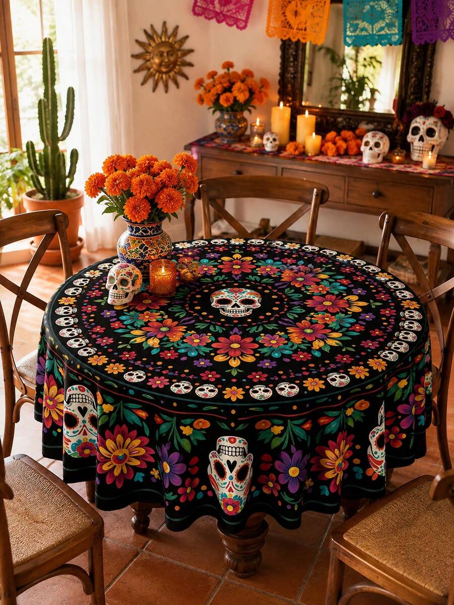 1PC Day Of The Dead Round Table Cloth, Colorful Sugar Skull Floral Print Polyester Tablecloth, Mexican Style Dining Table Cover For Kitchen, Dining Room, Day Of The Dead Party, Halloween, Holiday Gathering And Indoor Outdoor Home Decor - Multicolor - View 1