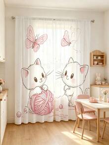 2pcs Double Cat Thread Ball Butterfly Dance Cute Sheer Curtains, Suitable For Christmas, Halloween, New Year, Four Seasons, Bedroom, Living Room, Kitchen, Party Art Decoration Light Cloth Curtains, Machine Washable - Multicolor - View 3