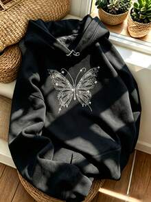 Women's Rhinestone Butterfly Print Hooded Sweatshirt, Drawstring Pocket Loose Long Sleeve Pullover Sweatshirt, Casual Versatile Streetwear Top, Black - Black - View 2