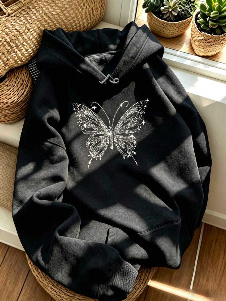 Women's Rhinestone Butterfly Print Hooded Sweatshirt, Drawstring Pocket Loose Long Sleeve Pullover Sweatshirt, Casual Versatile Streetwear Top, Black
