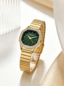 1pc Women's Octagonal Vintage Luxury Quartz Watch, Gold Alloy Case With Rhinestone Bezel, Minimalist Dial, Elegant Gold Alloy Strap - Green - View 2