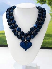 OABE 2pcs/Set Bohemian Style Heart Pendant With Blue Beaded Layered Necklace Set, Suitable For Women's Daily Wear, Holiday/Anniversary Surprise Gift - Navy Blue - View 7