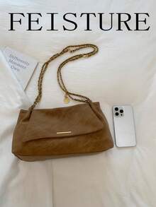 Solid Color Flap Chain Bag For Women, Fashionable Soft Shoulder Bag, Suitable For Girls, Women, College Students, New Professionals And White-Collar Workers, Perfect For Work, Business, Commuting, School - Brown - View 9