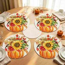 1/4/6pcs Autumn Collection Sunflower Bird Berry Hand-Painted Pattern Placemats, Suitable For Home Kitchen, Made Of Polyester Fiber, Kitchen Table Decoration, And Party Scene Decoration - Multicolor - View 2