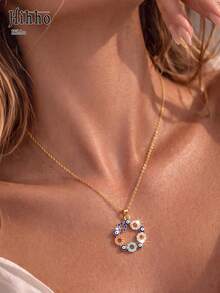 Hihho 1pc Evil Eye Floral Wreath Pendant Necklace, Multicolor Zirconia Options, Hollow Floral Wreath Circular Design, Inlaid With Evil Eye Pattern, Symbolizing Good Luck, Perfect Gift Accessory - Wreath - View 2