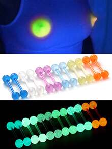 12pcs Multicolor Fluorescent Ball Tongue Studs Nipple Rings Piercing Jewelry, UV Resistant Hypoallergenic, Back To School Halloween Gift - Glow-in-the-dark - View 1