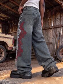 Men's Loose Wide Leg Jeans, Vintage Washed Black Denim Pants, Side Red & White Embroidery Pattern Design, Loose Y2K Hip Hop Streetwear - Black - View 5
