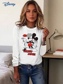 Disney 1pc Women's Long Sleeve T-Shirt, Mickey Mouse Graphic Print Long Sleeve T-Shirt, Round Neck Slightly Elastic. - White - View 1