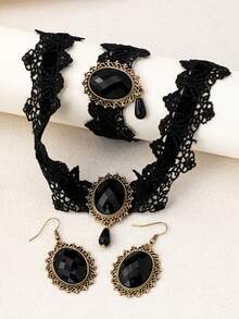 1PC Necklace + 2PCS Earrings + 1PC Bracelet Lace Gothic Style Fashion Niche Black Linear Floral Hollow Oval Design Jewelry Set - Black Line-art Floral Hollow Oval Set - View 5