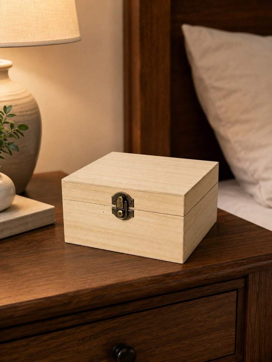 1pc 15x10x6cm Vintage Brass Color Clasp Natural Wooden Storage Box, Rustic Rectangular Desktop Organizer Souvenir Box, Suitable For Bedroom Vanity Desk, Gift Giving - Multicolor - View 1