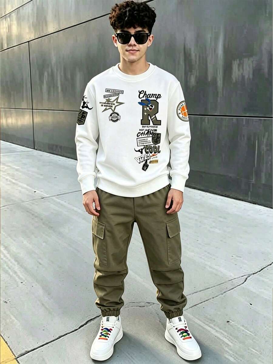 Tween Boy Letter Graphic Print Crew Neck Long Sleeve Top And Solid Color Pants Set - White - View 1