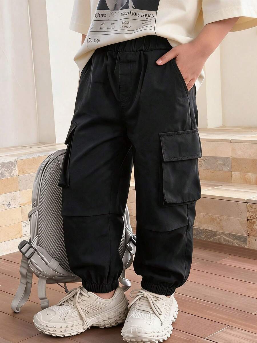 1pc Boys' Fashionable Casual Multi-Pocket Cargo Pants, Versatile For Daily Wear - Black - View 1