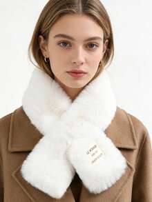 1pc Women's Plush Scarf, Winter Style Faux Rabbit Fur Thick Warm Neck Warmer, Versatile Simple Cross Collar - White - View 1