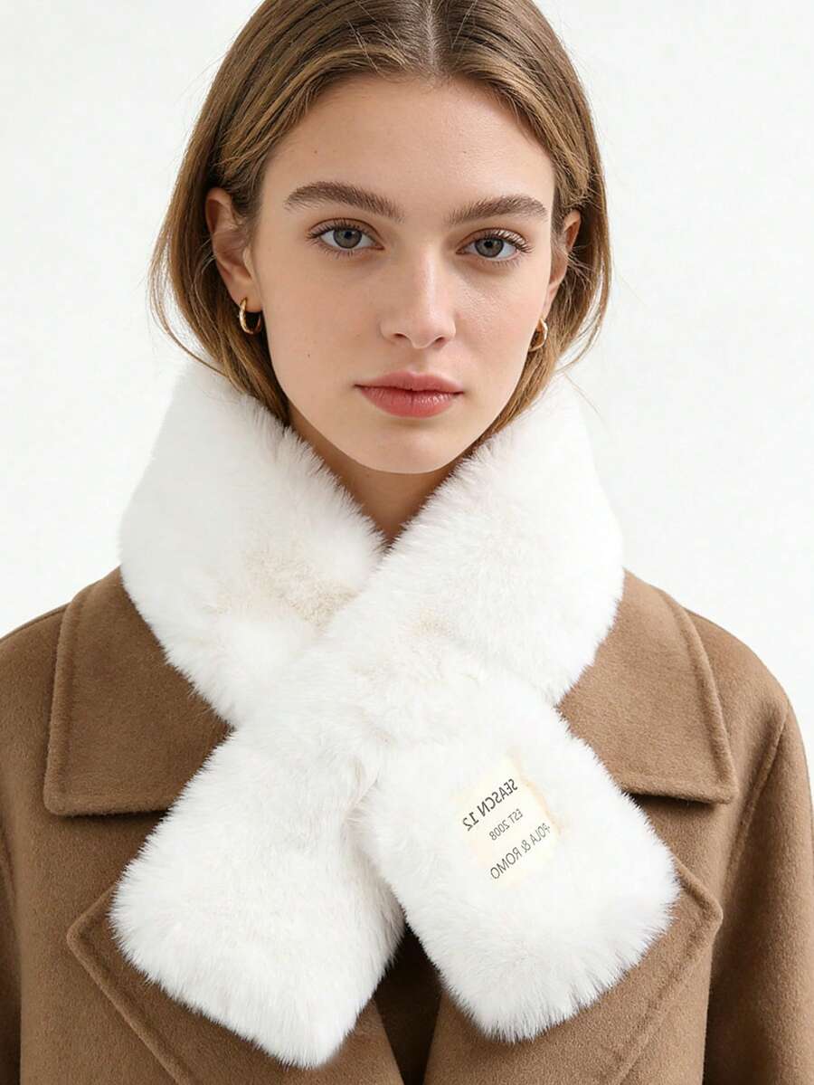 1pc Women's Plush Scarf, Winter Style Faux Rabbit Fur Thick Warm Neck Warmer, Versatile Simple Cross Collar - White - View 1