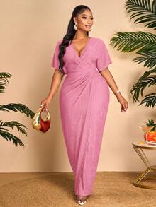 BIUBIU Women's Pink Plus Size Long Dress, Featuring A Flattering V-Neck And Batwing Short Sleeves With Ruched And Split Details, Fitted Knitted Fabric - Watermelon Pink - View 5