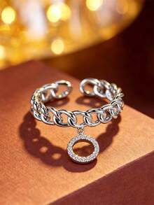 1pc Cuban Chain Circle Pendant Open Ring For Women, Thick Chain Hollow Circle Pendant Adjustable Finger Ring, Luxury Style For Date, Party, Anniversary Gift - Open Ring - View 3