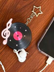 Harajuku Y2K Vintage Black & Pink Round Earphone Case Keychain, Music Film Note Earphone Storage Portable Cordless Organizer Box - Multicolor - View 3