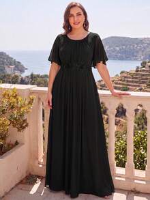 EVERPRETTY Elegant Black Plus Size Mother Of The Bride Dress, Round Neck With Ruffle Sleeves, Floral Applique Waist Design, Chiffon Maxi Skirt Wedding - Black - View 1