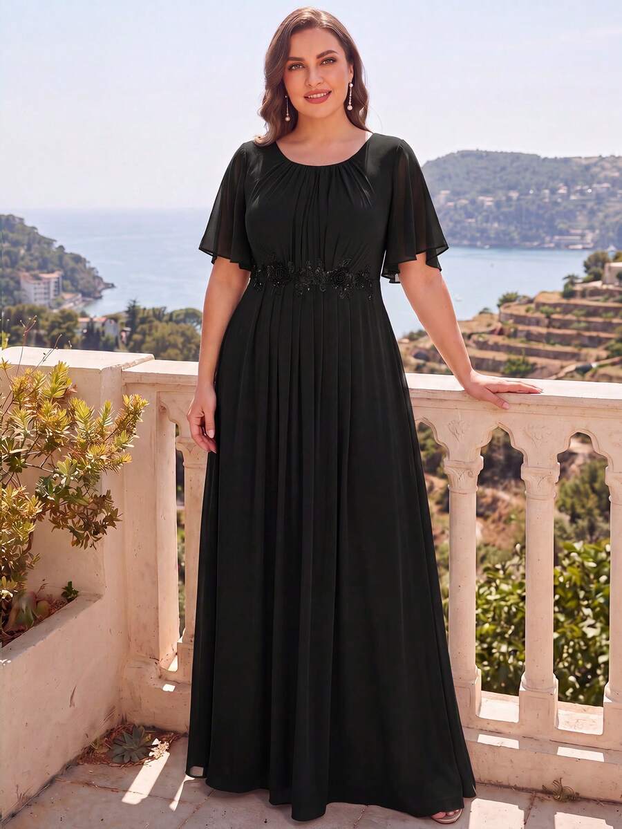 EVERPRETTY Elegant Black Plus Size Mother Of The Bride Dress, Round Neck With Ruffle Sleeves, Floral Applique Waist Design, Chiffon Maxi Skirt Wedding - Black - View 1