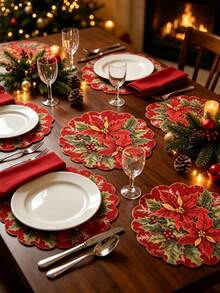 8pcs/4pcs/1pc Round Placemats, Winter Floral And Pine Cone Pattern, Suitable For Christmas Party Decoration, Theme Party, Christmas Dinner, Vintage Style Party - One Size Fits All - View 10