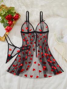 Plus Size Women's Sexy Lingerie Sleepwear Set, Black And Red Floral Mesh Front Button Robe Set, Front Tie With Large Bow Decor, 2-Piece Set - Black - View 1