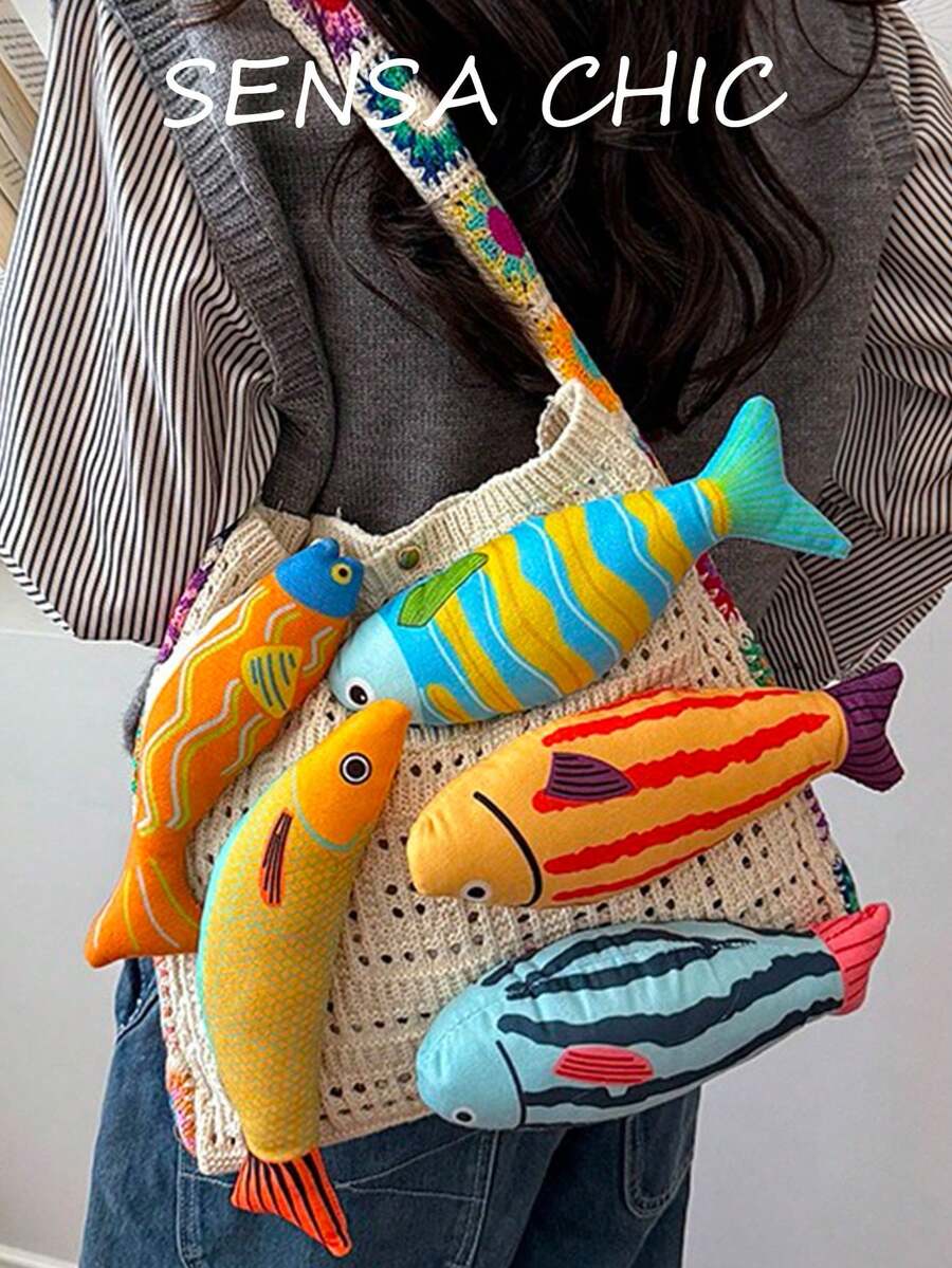 附3D彩色魚毛絨吊飾鏤空編織輪廓托特包,趣味森系風格,適合旅行、購物、度假、出遊,大容量單肩包,營造活潑氛圍 - 彩色 - 查看 1