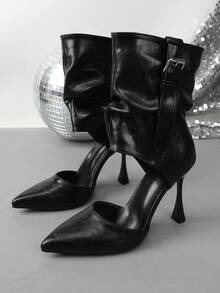 Women's Pointed Toe Ruched Ankle Boots, Hollow Out Thin High Heel, Buckle Decor Fashion Party Dress Boots - Black - View 13