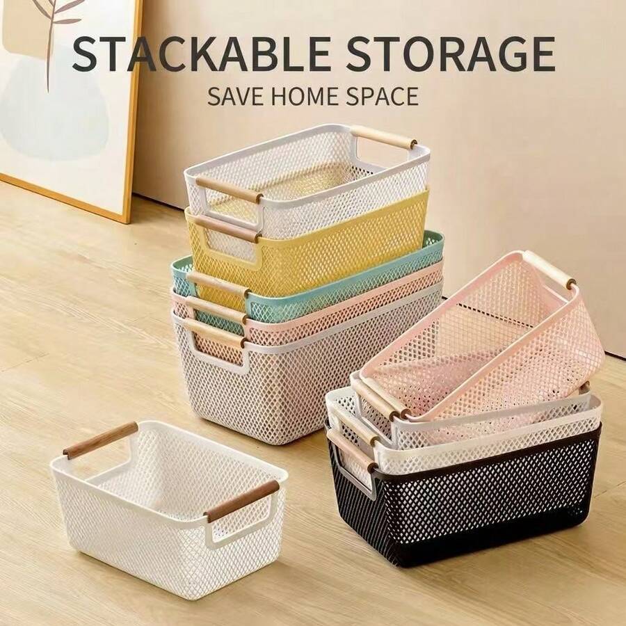 Black Rectangular Steel Mesh Storage Basket With Wooden Handle, Suitable For Pet Toys, Storage Cabinets, Pantries, Closets, Kitchens And Cosmetics