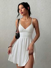 Sexy Fashion Versatile Daily Adjustable Spaghetti Strap Ruched Waist Ruffle Hem A-Line Mini Dress Spring Summer New Elegant White - White - View 6
