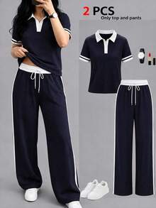 2pcs/Set Women's New Polo Collar Short Sleeve T-Shirt And Elastic Waist Loose Pants, Versatile Contrast Trim Top With Striped High Waist Drawstring Pants, Suitable For Outdoor, Exercise, Commuting, Street Wear In Spring, Summer And Autumn Elegant - Navy - View 1
