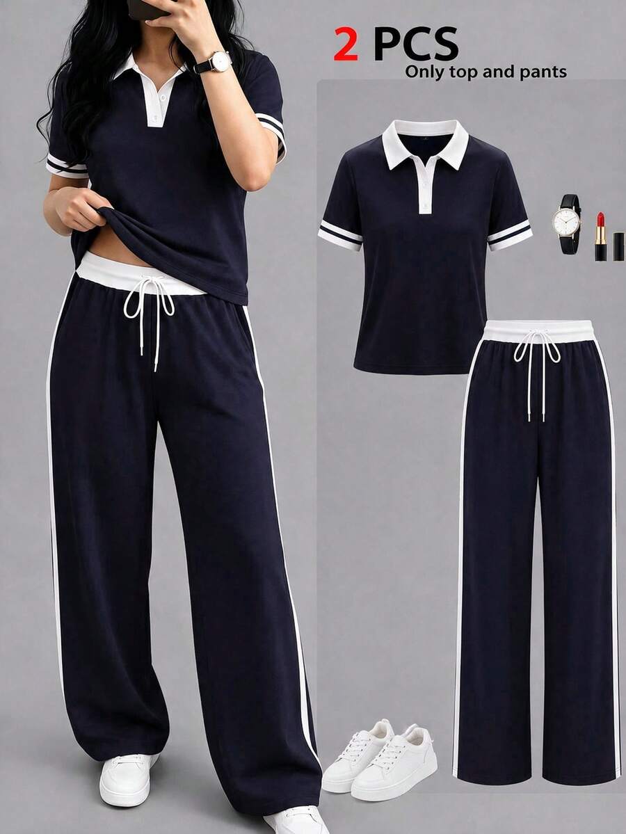2pcs/Set Women's New Polo Collar Short Sleeve T-Shirt And Elastic Waist Loose Pants, Versatile Contrast Trim Top With Striped High Waist Drawstring Pants, Suitable For Outdoor, Exercise, Commuting, Street Wear In Spring, Summer And Autumn Elegant - Navy - View 1