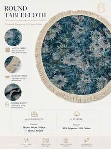 Vintage Blue Floral Round Tablecloth With Fringe, Woven Polyester Cotton Table Cover For Dining Table, Coffee Table, Side Table & Home Decor - Blue - View 10