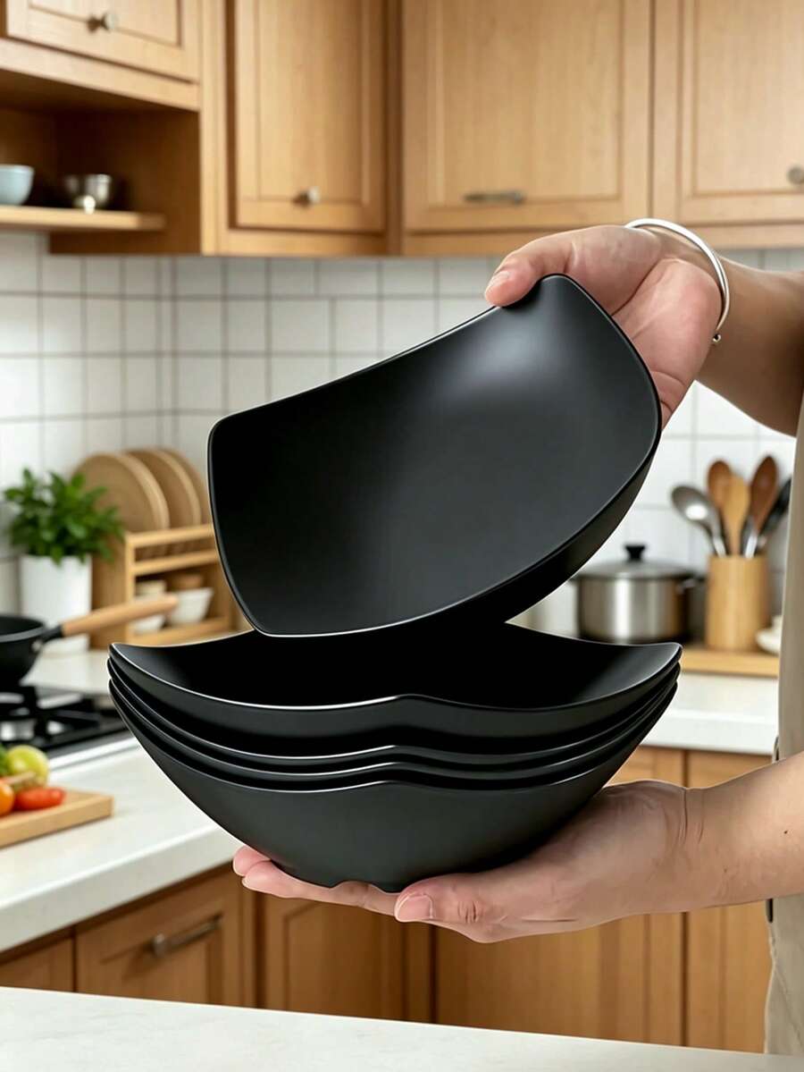 2/4/6/8pcs Reusable Plastic Bowls And Plates, Suitable For Cold Dishes, Cooked Food, Desserts, Party Foods, Stackable Storage, Suitable For Family Gatherings, Hotels, Outdoor RV Camping, Picnic, Party, Summer Wedding Tableware - Black - View 1