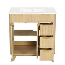81 Cm Freestanding Bathroom Cabinet With Decorative Wave Design, Warm Natural Wood Tone, 3 Drawers And Double Doors With Shelf – Faucet Not Included - Natural Color - View 9