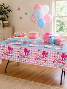 Splendor Blue Plaid Disposable Party Tablecloth, Cute Cartoon Silhouette Print Tablecloth, Birthday Table Decoration - Multicolor - View 1