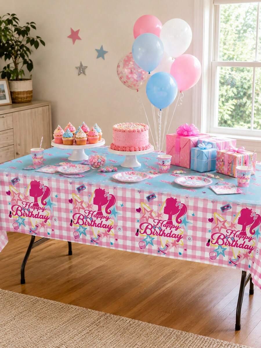 Splendor Blue Plaid Disposable Party Tablecloth, Cute Cartoon Silhouette Print Tablecloth, Birthday Table Decoration - Multicolor - View 1