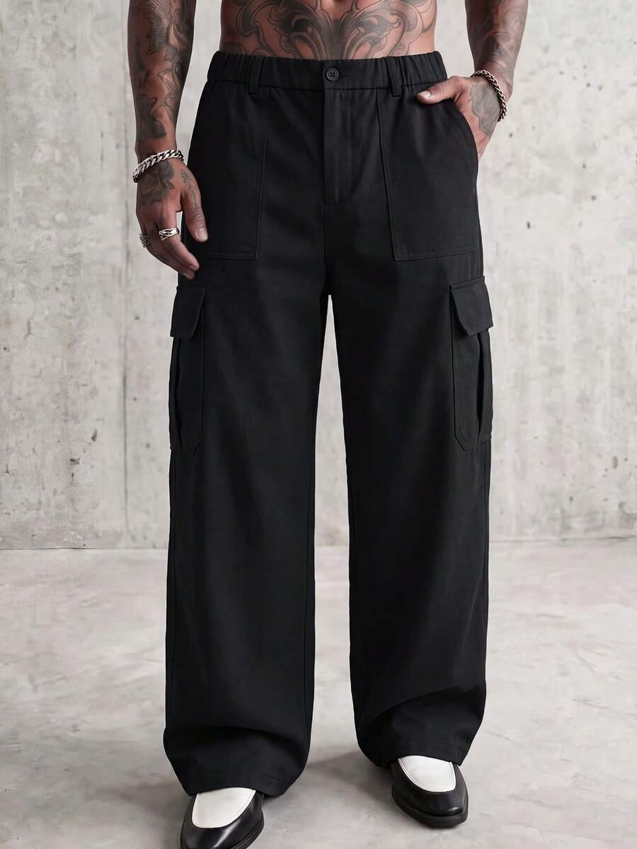 Men's Loose Curved Leg Wide Leg Cargo Pants With Multiple Pockets, Elastic Waist, Casual Sports Long Pants For Autumn, Daily Commute, Running, Parkour, Gift For Boyfriend - Black - View 1