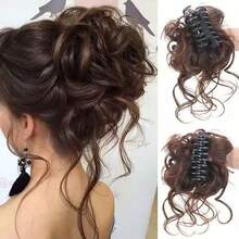 Women's Clip-On Fluffy Bun Hairpiece, Short Curly Wavy Synthetic Hair Bun Extension, Chestnut Brown Chignon High Ponytail Volumizer Hair Accessory - Multicolor - View 1