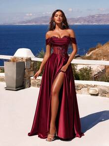 ADYCE Elegant Off Shoulder Waisted Backless Bodycon Tie-Back Lace High-Slit Fishbone Prom Gown Homecoming Wedding Guest Formal Dinner Birthday Christmas - Burgundy - View 7