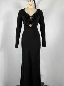 Women's Sexy Classy Black Long Sleeve Deep V Neck Maxi Dress Featuring Ruffle & Cut Out Details, Perfect For Formal Events & Prom - Black - View 10