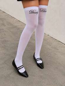 Y2K Street Style Handwritten Letter Print Sheer Thigh-High Socks, Side Contrast Color Line See-Through Over-The-Knee Socks, Suitable For High Heels And Mini Skirts - White - View 8