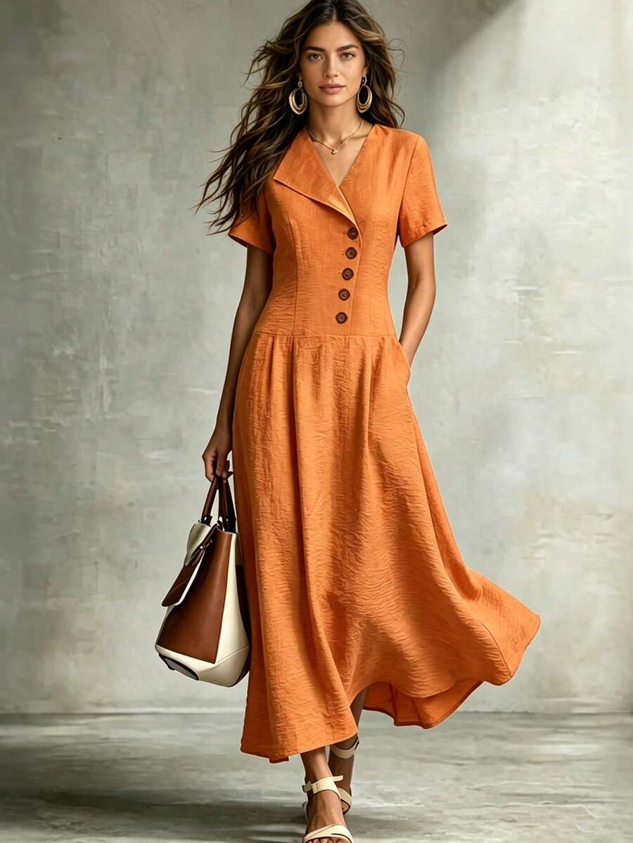 1pc Solid Color Casual Woven Fabric Button Front Dress, Suitable For Vacation And Daily Wear, Spring/Summer Elegant